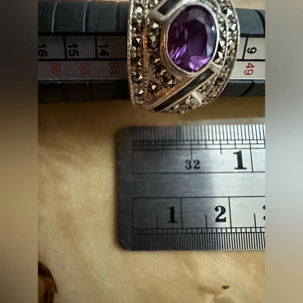 Sterling Amethyst Onyx & Marcasite Wide Band Ring Marked 925 w Makers Mark.